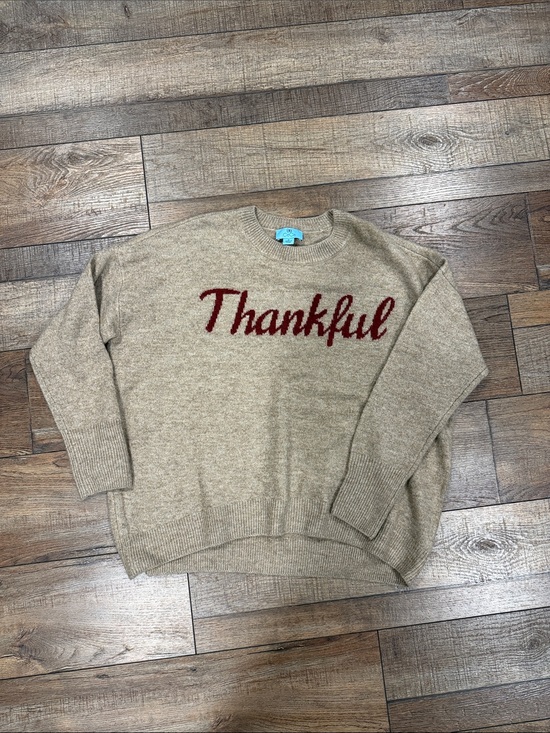 CeCe Sweaters - CeCe Beige Crewneck Sweater with Red "Thankful" Script